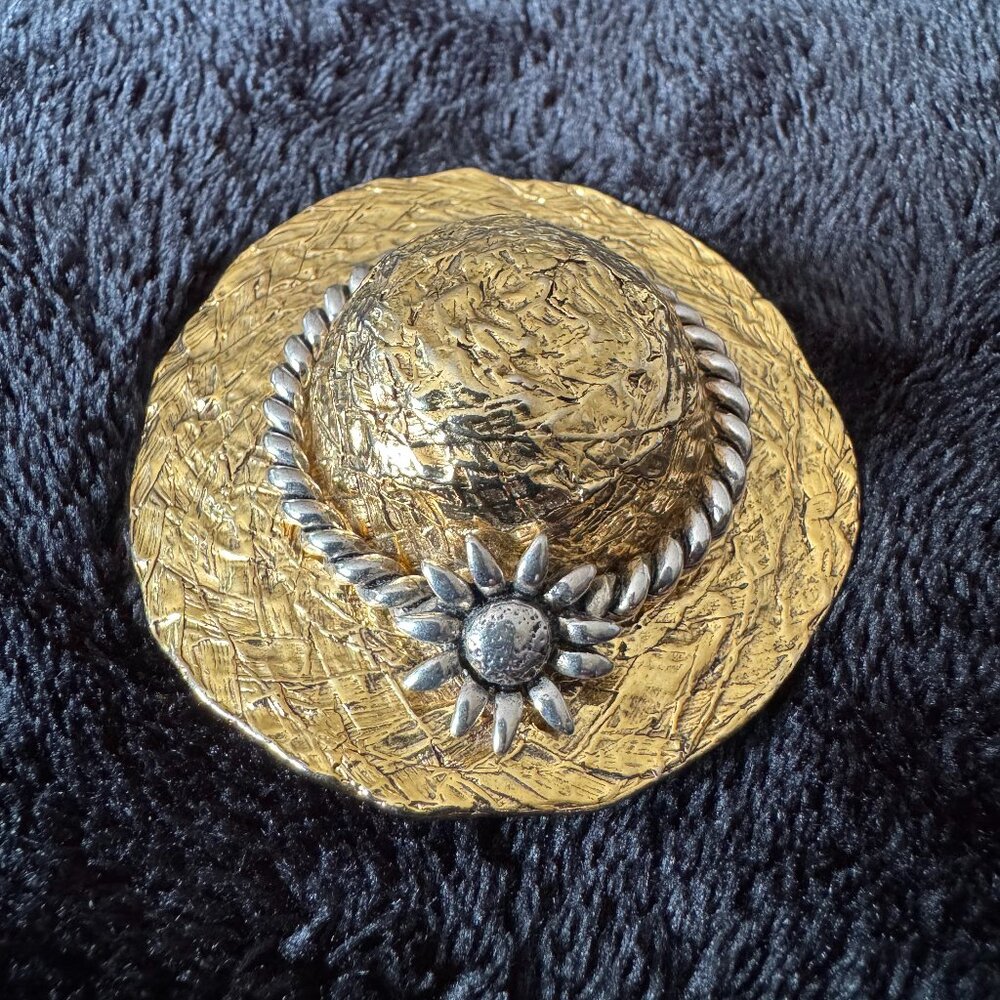 Vintage Hat Brooch Pin Charming Gold w/ Silver Flower - Signed
